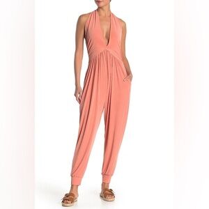 Free People FP Movement No Contest Terracotta Coral Plunge Halter Jumpsuit